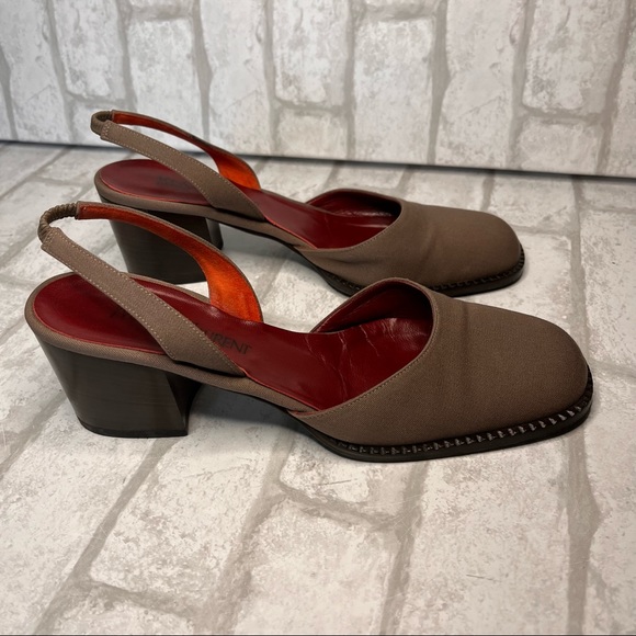 Yves Saint Laurent Vintage Tan Canvas Heel Slingback Square toed size 7.5 - Picture 10 of 14